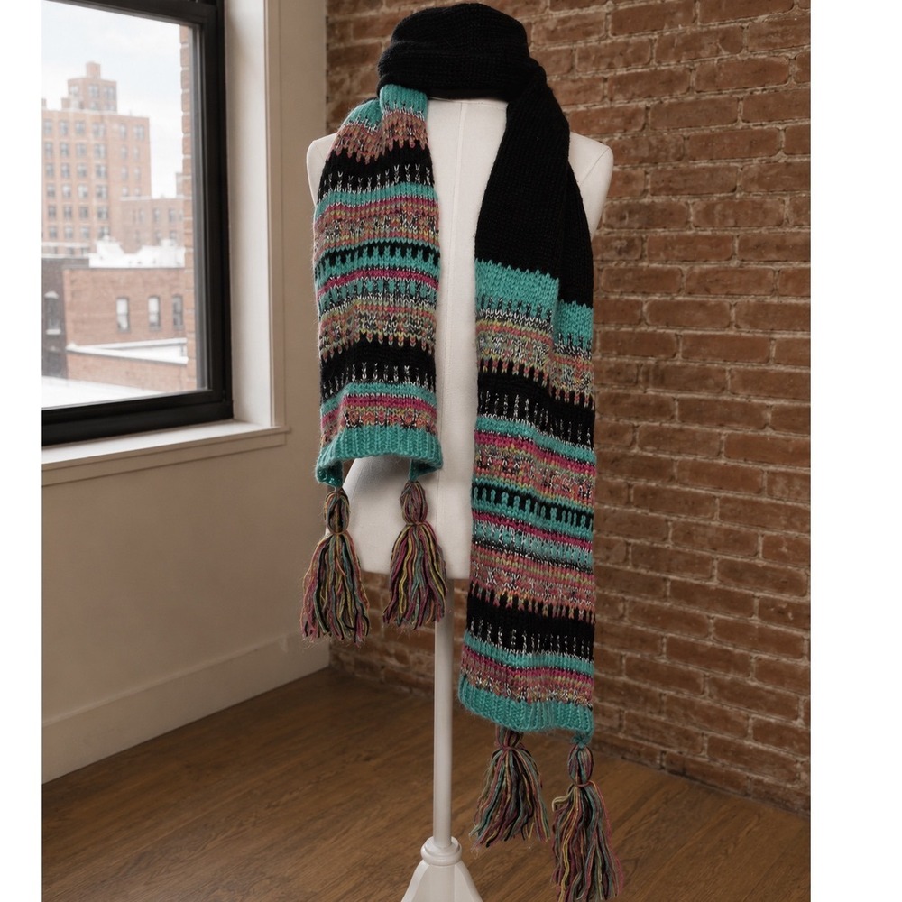Black Fair Isle Knit Scarf Winter Ski Y2K 2000s Festival Layering Cozy Eclectic
